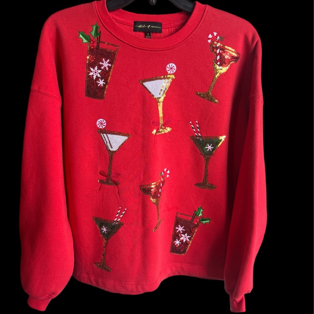 Women State of Mine Red Crew Neck Sweatshirt with Festive Cocktail Design Small